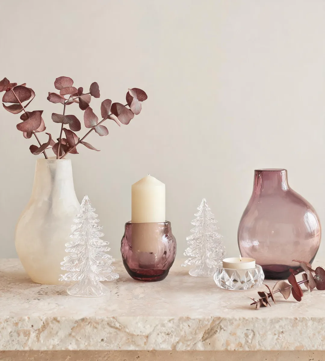 Handcrafted glass vase and crystal tree still life